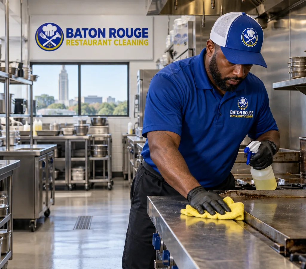 Professional cleaner detailing stainless prep surfaces in a Baton Rouge restaurant kitchen