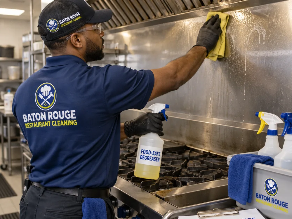 Cleaner applying food-safe degreaser to a commercial range hood exterior and backsplash