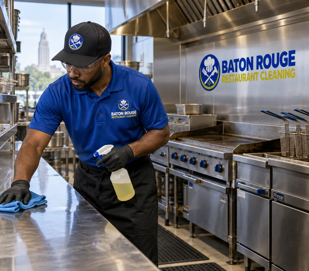 Professional cleaner in protective equipment detailing a stainless prep line and backsplash in a restaurant kitchen