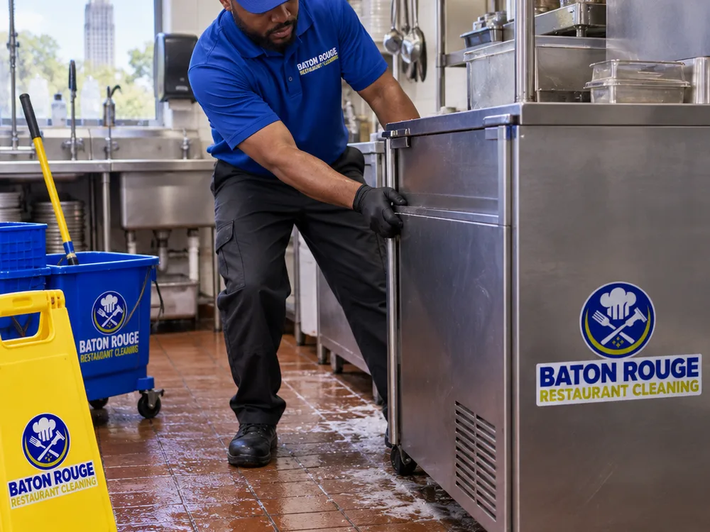 Technician moving reachable kitchen equipment to clean the floor and wall behind it with controlled tools and a wet floor sign
