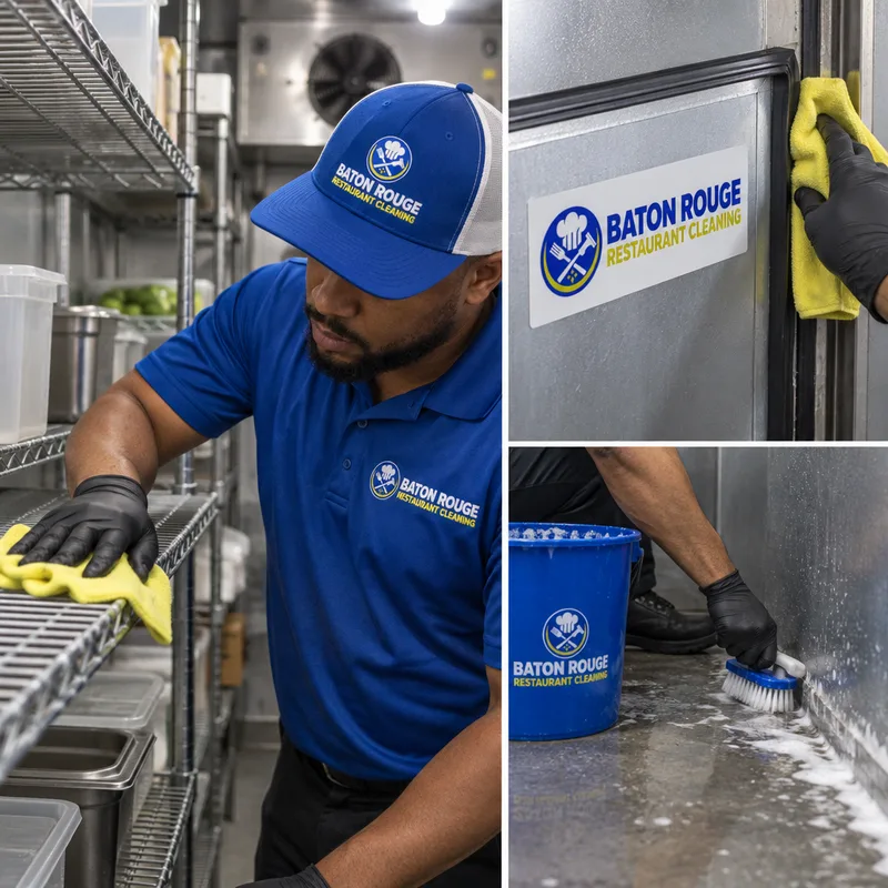 Technician hand-cleaning shelving, door gaskets, and the floor-wall seam inside a restaurant walk-in cooler