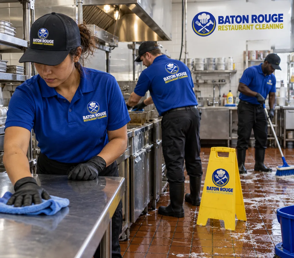 Technicians deep cleaning stainless preparation tables, fryer sides, and quarry tile floors in a Baton Rouge restaurant kitchen