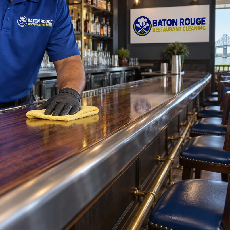 Clean restaurant bar rail and bar top with stools and foot rail visible