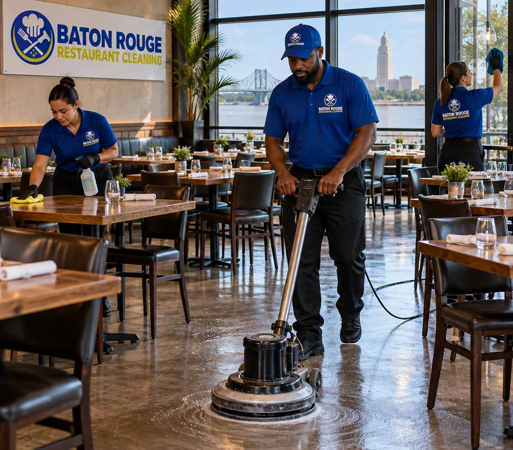 Baton Rouge restaurant dining room being cleaned after service with tables reset, floors detailed, and fixtures wiped down
