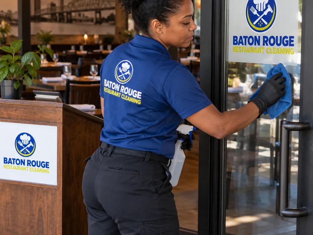Cleaner wiping fingerprints and haze from a restaurant entry glass door and host stand