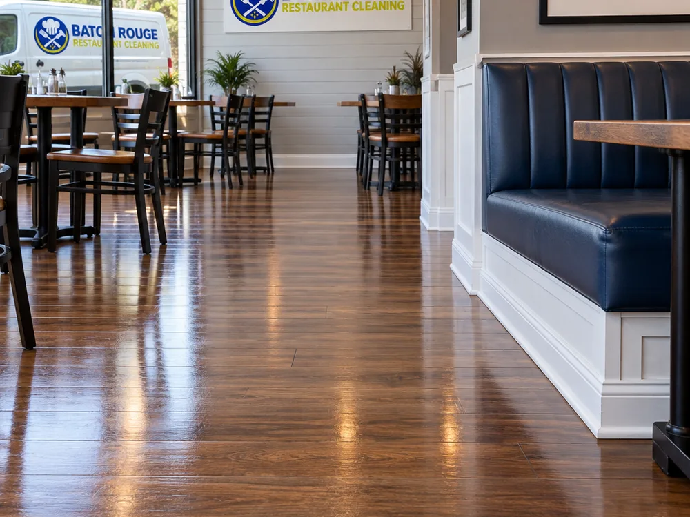 Restaurant dining room floor with an even clean sheen and detailed baseboards and banquette edges
