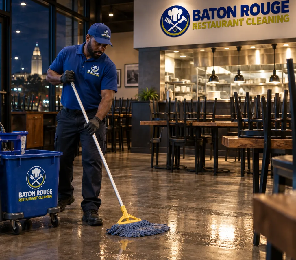 Night crew member mopping a closed restaurant dining room with chairs up and kitchen lights on in the background