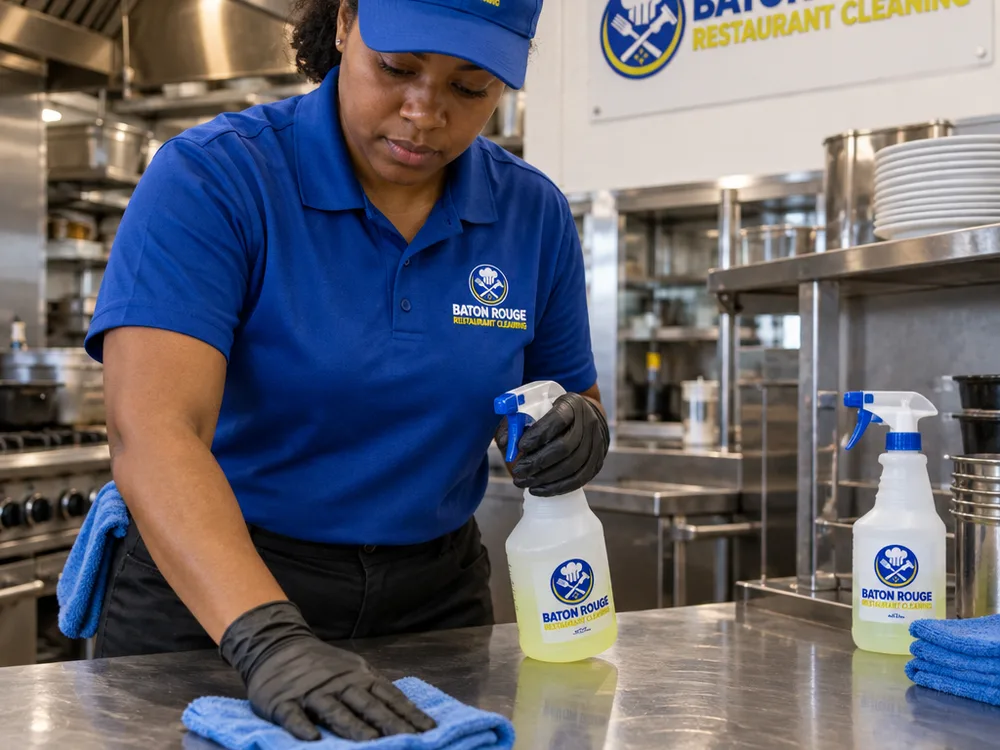 Cleaner wiping stainless prep tables and reachable kitchen surfaces after close using labeled spray bottles and microfiber cloths
