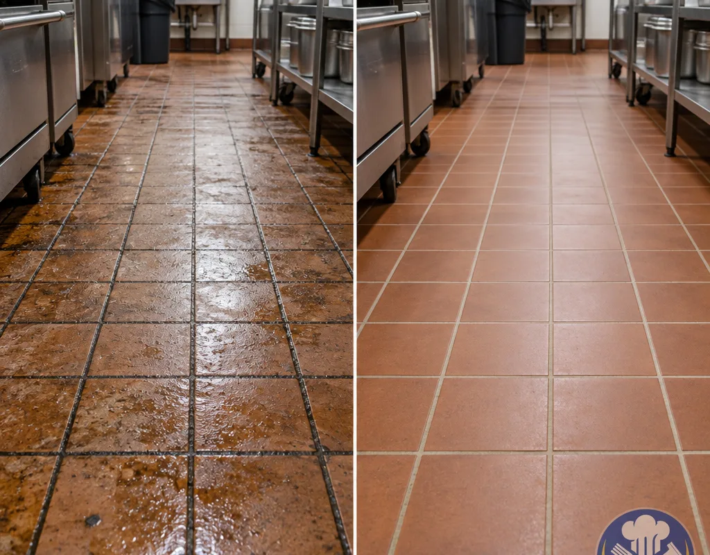 Commercial kitchen tile floor before cleaning with dark grout and greasy sheen and after cleaning with lighter grout and a matte finish