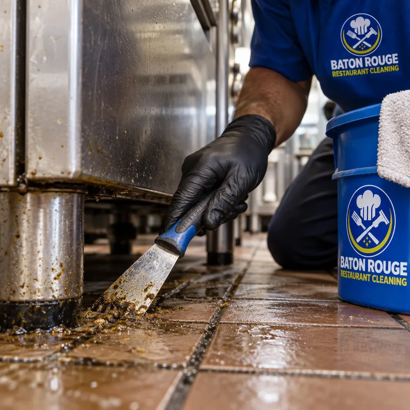 Cleaned grout lines at the edge of a restaurant cook line beside stainless equipment