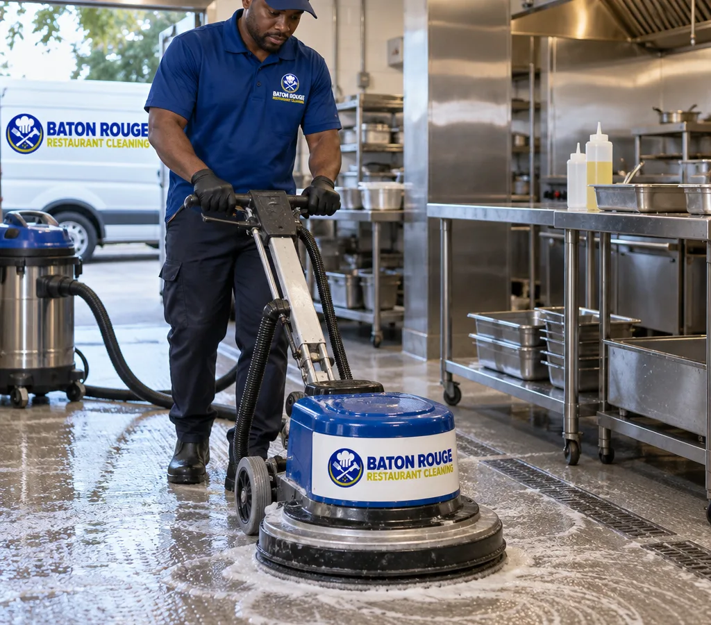 Technician cleaning a commercial kitchen floor with a rotary scrubber and wet vac near stainless prep tables