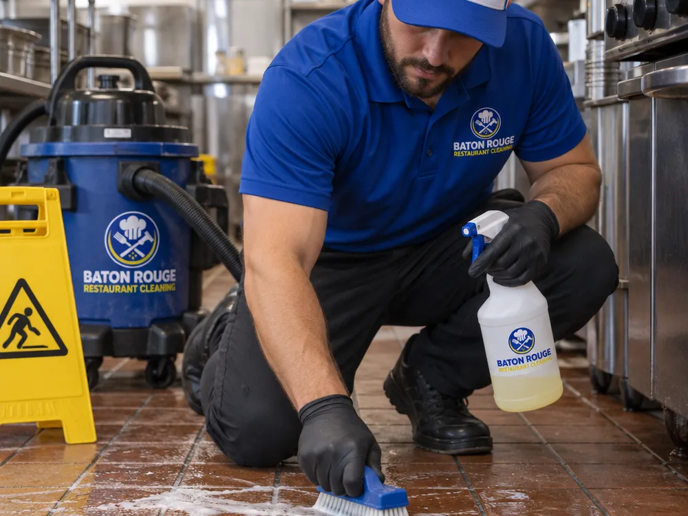 Technician applying degreaser and scrubbing grout lines on a commercial kitchen tile floor