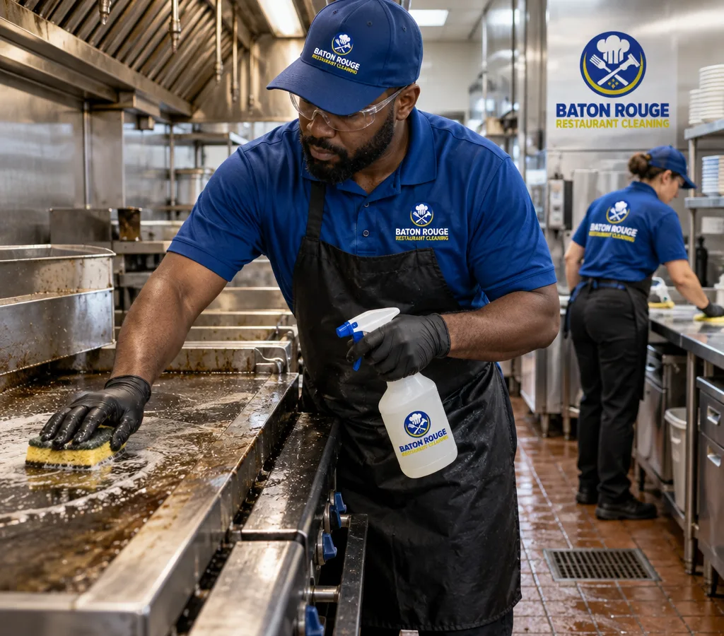 Professional cleaner in protective equipment degreasing a commercial cook line and stainless prep surfaces in a restaurant kitchen