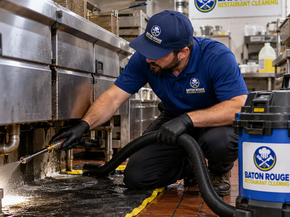 Technician cleaning under and behind a fryer bank using floor protection and wet-vac pickup