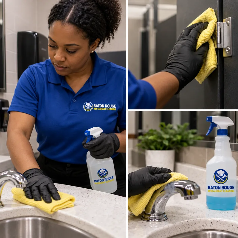 Gloved technician detail-cleaning restroom partition hardware, a sink faucet, and countertop with labeled disinfectant and clean microfiber cloths