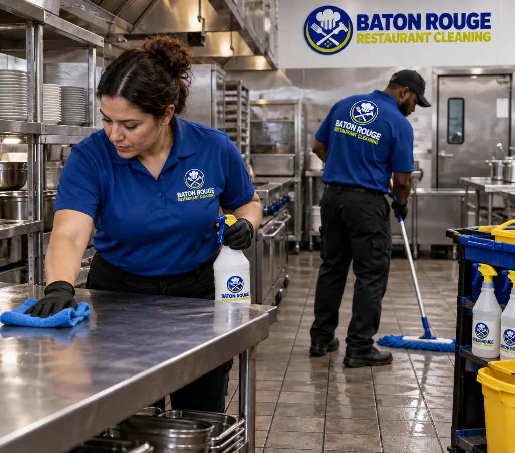 After-hours restaurant cleaners wiping stainless prep surfaces and mopping a tiled floor with labeled sanitation supplies nearby