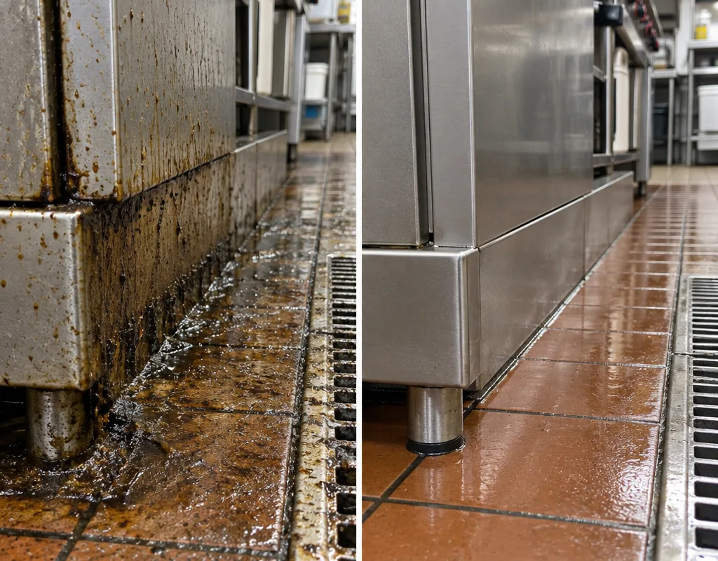 Split-frame before and after of a commercial kitchen floor edge along the cook line where grease buildup was removed and the corner detailed