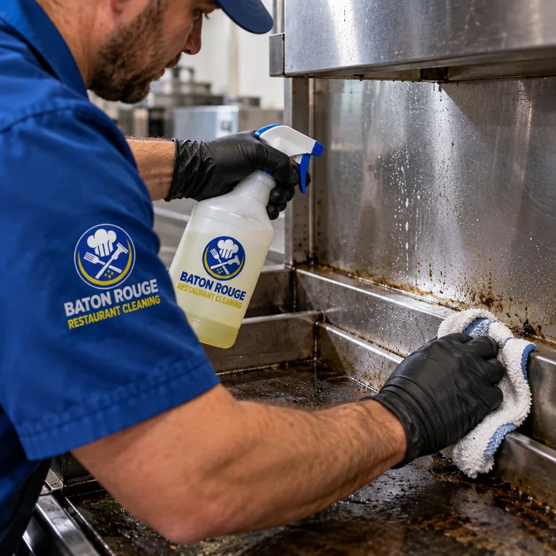 Close-up of degreasing a stainless backsplash and the seam line behind a commercial griddle, showing controlled application and wipe-down