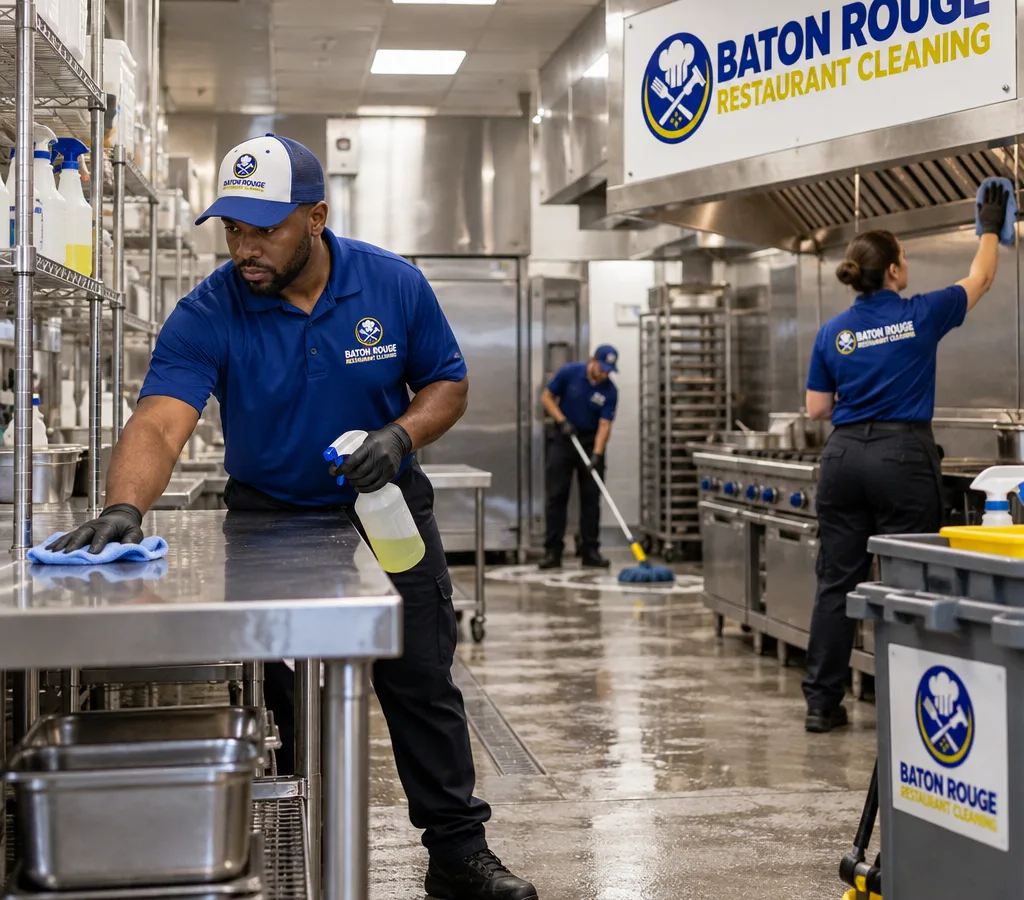 Wide view of a commercial kitchen during off-hours with stainless prep tables, hood line, and staff performing detailed cleaning with labeled food-safe supplies