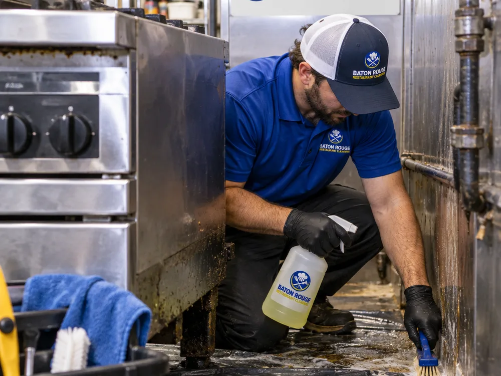 Technician cleaning behind a commercial range and along the wall with a degreaser and detailing brushes, with equipment carefully pulled forward and floor protected