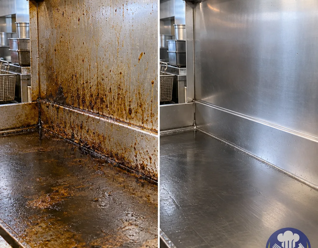 Griddle splash guard and wall before and after grease removal