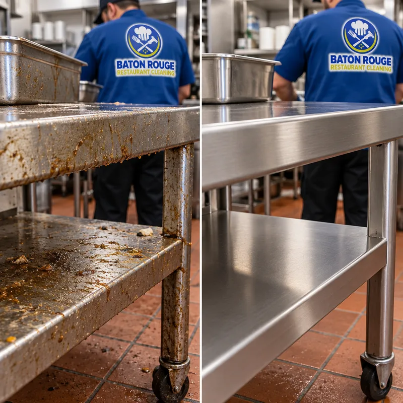Clean stainless prep table edge and undershelf after grease and food soils were removed