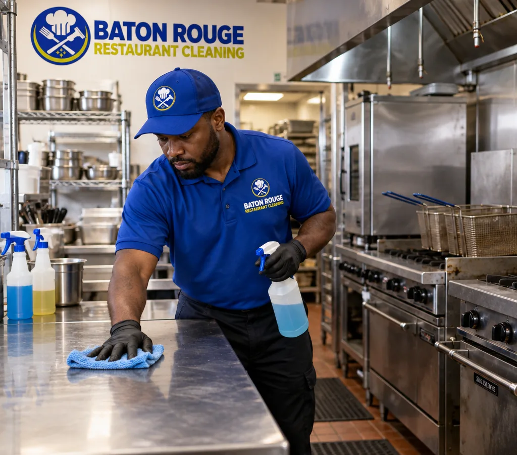 Technician cleaning a stainless prep table and equipment line in a Baton Rouge commercial kitchen
