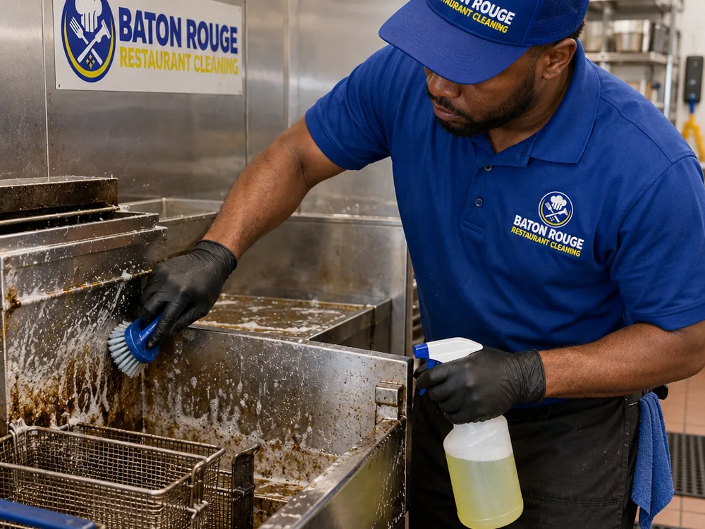Commercial fryer and adjacent stainless panels being carefully degreased