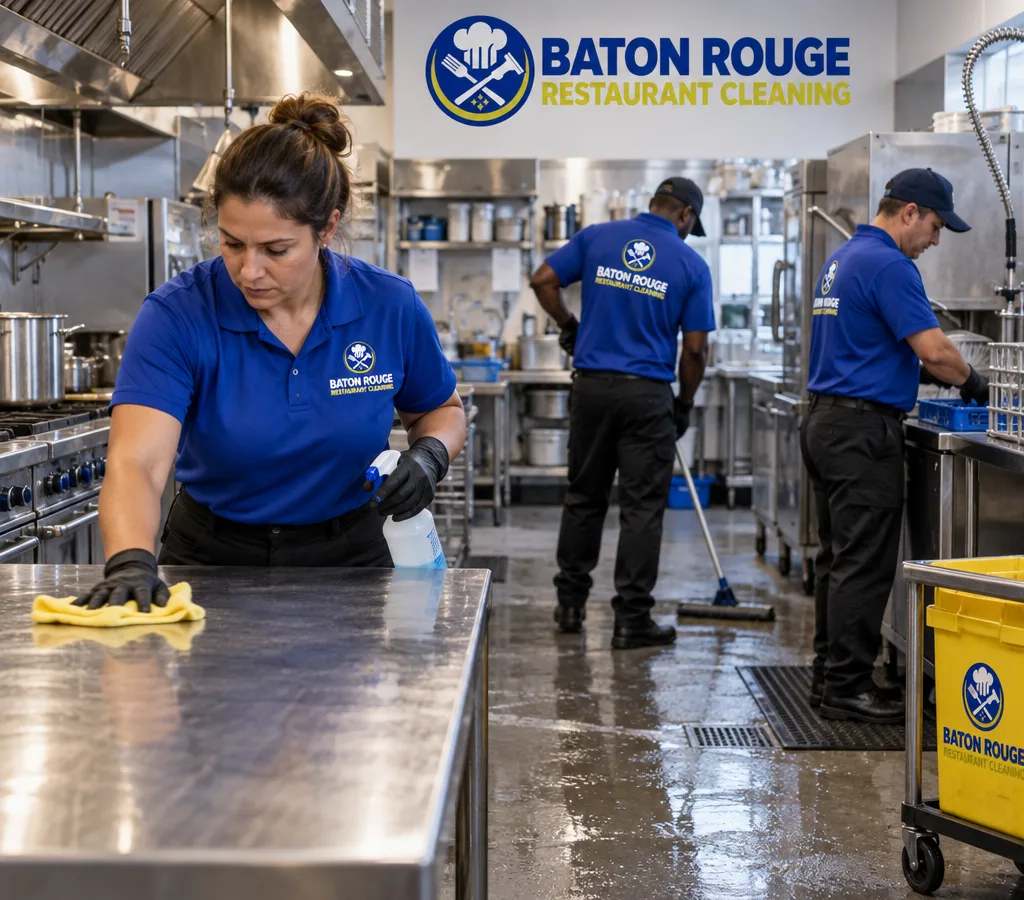 After-hours restaurant cleaning crew sanitizing stainless prep tables and floors in a commercial kitchen