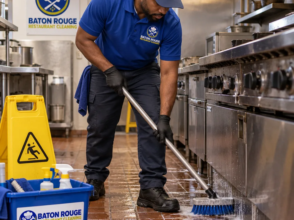 Technician scrubbing a commercial kitchen floor edge near the cook line with wet-floor signage visible