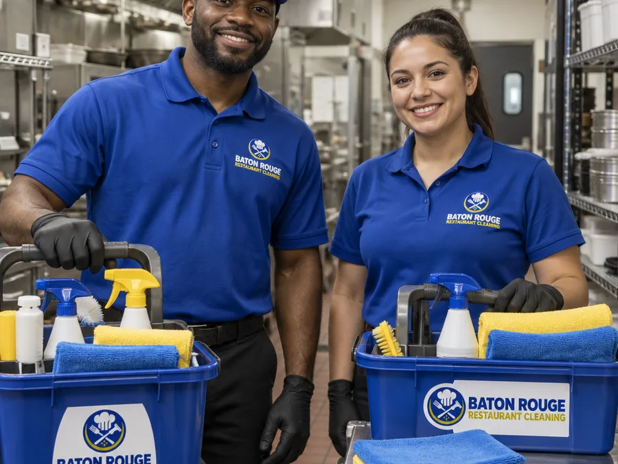 Uniformed restaurant cleaning team with organized cleaning supplies in a commercial kitchen hallway